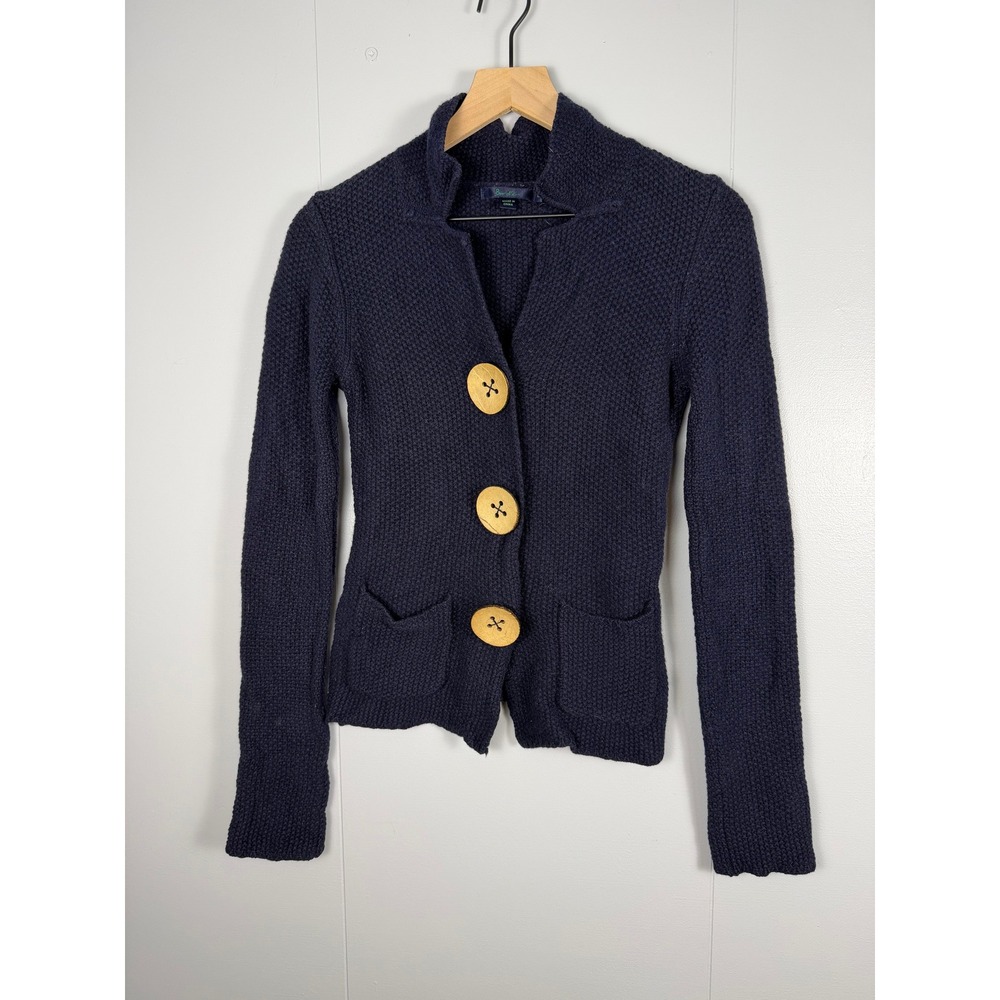 Boden Boho Cottagecore Cardigan Women XS Navy Blue Wool Waffle Knit Sweater